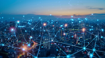 Fototapeta na wymiar Futuristic smart city with interconnected network nodes overlaying an urban skyline 