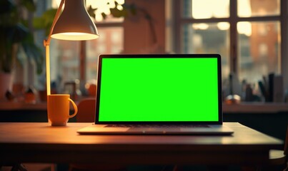 A laptop computer with a green screen on top of the desk. AI. - Powered by Adobe