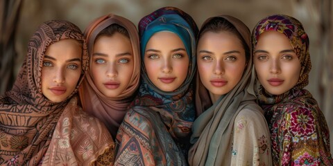 A group of women wearing head scarves are posing for a picture. AI.