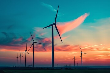 : A wind farm at sunset, with the turbines silhouetted against the colorful sky.