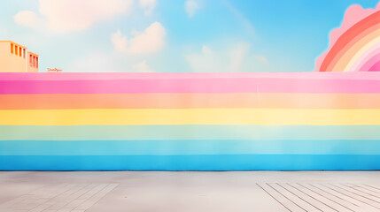 Rainbow painted on one side of outdoor brick wall - obrazy, fototapety, plakaty