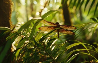 Naklejka premium Sunlit Dragonfly in Forest