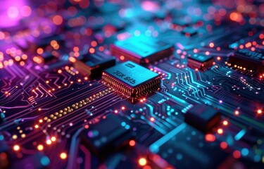 Fototapeta na wymiar Futuristic Microchip on Neon Circuit Board