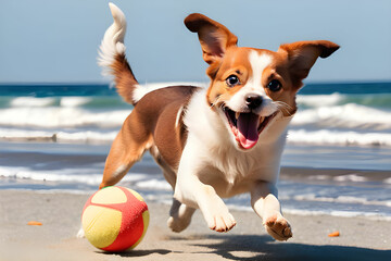 A cute dog is running round on the beach with a ball.