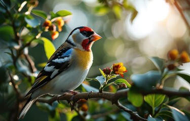 Sunlit European Goldfinch on Blossoming Branch