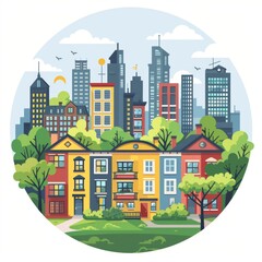 Obraz premium A cityscape with a large green park in the middle. The houses are colorful and there are many trees. The sky is cloudy and the sun is shining