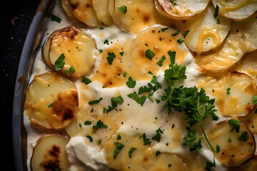 Scalloped Potatoes, Sliced potatoes baked, creamy sauce, cheese