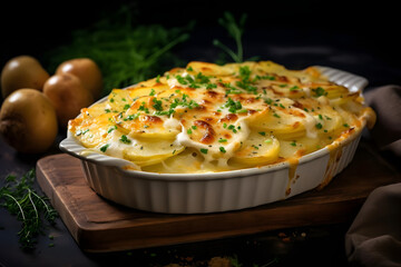 Scalloped Potatoes, Sliced potatoes baked, creamy sauce, cheese