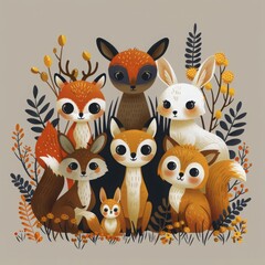 Obraz premium A charming illustration of cute forest animals including foxes, a rabbit, and flora in a warm autumn color palette.