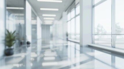 Bright Office Hallway with Reflective Surfaces