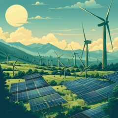 A large wind farm with many wind turbines is shown in a green field. The wind farm is located in a mountainous area, and the sun is shining brightly in the sky. Concept of clean, renewable energy