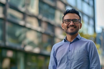 Obraz premium smiling businessman wearing glasses and shirt standing in front of an office building, bokeh background with copy space. generative AI