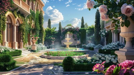 There is a beautiful mansion garden, a fountain, flowers and grass, and a walk. Look up from bottom...