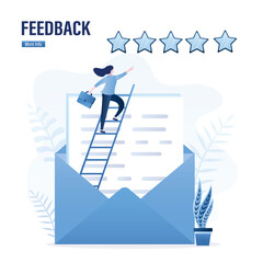 Businesswoman on ladder in envelope with five stars rating. User experience, positive customer feedback for product or satisfaction rating, reviews. High quality service. - obrazy, fototapety, plakaty