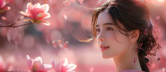 Fototapeta premium A beautiful Asian girl is smiling against a background of cherry blossoms. The concept of advertising cosmetics for facial care