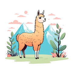 Llama in nature cute kawaii style illustration, isolated clipart, animal, with leaves around, flat vector illustration art