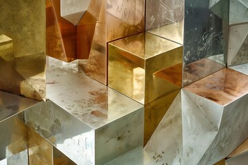 : Geometric shapes in metallics - gold, silver, copper, evoke precision.