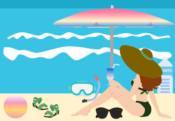 夏休みに海を満喫する女性のポスターイラスト