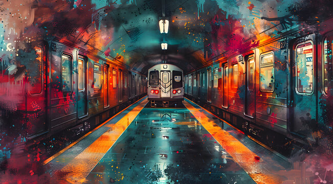 Spray Paint Symphony: Watercolor View of a Graffiti-Filled Subway Station