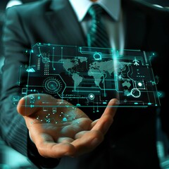 A man is holding a screen with a green background and a lot of lines and shapes. Concept of technology and innovation, with the man's hand representing the human touch