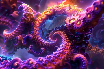 : Mesmerizing fractal pattern in neon hues, intricate details, depth and exploration.