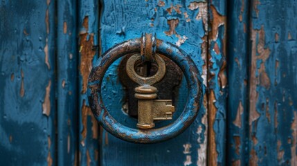 A key is hanging from a blue door. The key is rusted and has a gold center