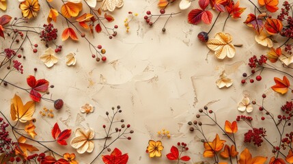 The background is beige and there are natural leaves and flowers.
