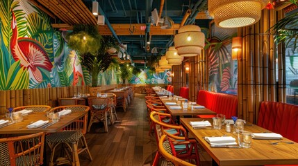 tropical-themed restaurant interior with bamboo accents, palm leaf wallpaper, and vibrant colors,...