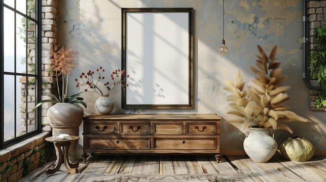 Poster frame mock up with vintage chest of drawers, hipster interior background, 3D rendering.