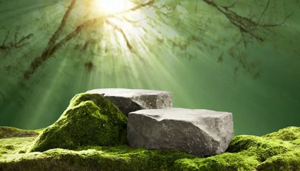 Foto auf Alu-Dibond Stone Pedestal in Nature: Cosmetic Beauty Product Promotion © Dostain