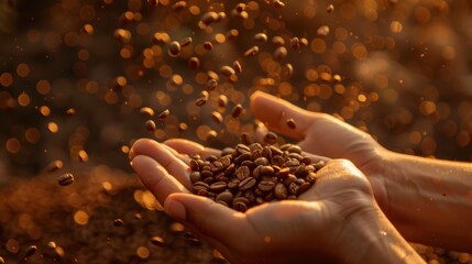 two hands holding a lor of coffee beans, beans are falling down, a huge pile of beans, warm picture  