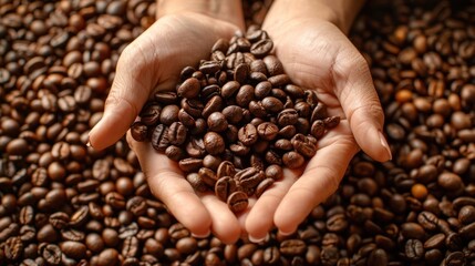 two hands holding a lor of coffee beans, beans are falling down, a huge pile of beans, warm picture  
