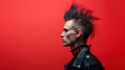 Side view of a punk man with mohawk hair and tattoos.