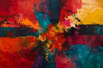 : Vibrant color explosion on textured canvas, deep reds clash with cool blues, energy and chaos.