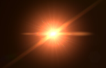 Lens flare and light overlay on black background. orange color. Lens Flare, Sun Flare on black background. Optical Flare effect illustration. lens effects for overlay designs or screen blending mode