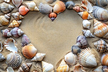 A heart frame shape of seashells on white sand background. vacation time wallpaper, sea rest lover banner