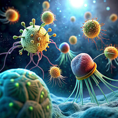 Digital illustration of influenza virus in colour background with orange, blue and red cells - obrazy, fototapety, plakaty