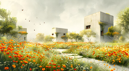Urban Oasis: Watercolor Panorama of an Industrial Area Transformed by Nature
