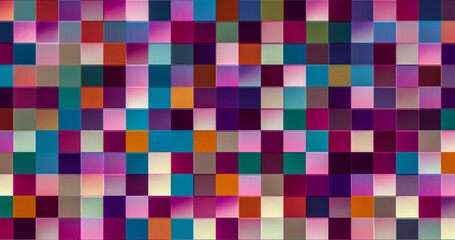 Vibrant mosaic pattern with various shades of purple, blue, red, and orange squares. Ideal for...