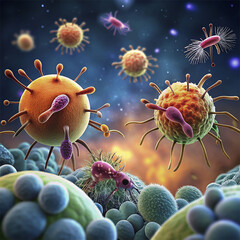 Digital illustration of influenza virus in colour background with orange, blue and red cells - obrazy, fototapety, plakaty