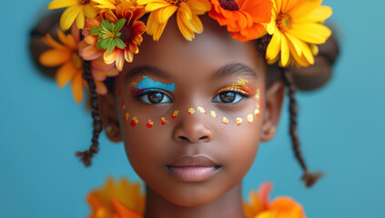 Happy African Child with Makeup in the Style of Flower extreme closeup. Generative AI