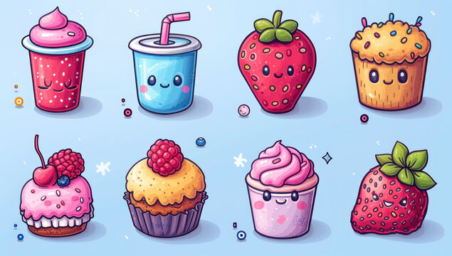 Cartoon Style Kawaii Cupcakes Logo and Icon Set extreme closeup. Generative AI