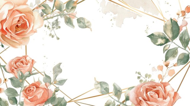 Watercolor floral frame with text space featuring roses and geometric details on a gold border against a white backdrop