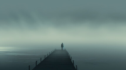 Fototapeta na wymiar A lonely figure stands at the end of the endless pier