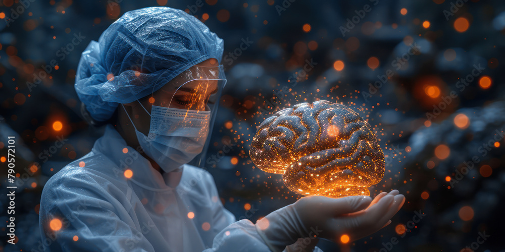 Poster glowing artificial intelligence brain in the hands of a female engineer extreme closeup. generative 