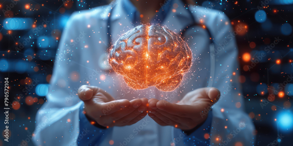 Poster glowing artificial intelligence brain in the hands of a female engineer extreme closeup. generative 