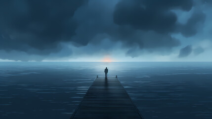 A lonely figure stands at the end of the endless pier - obrazy, fototapety, plakaty