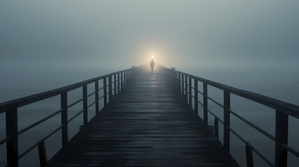 A lonely figure stands at the end of the endless pier - obrazy, fototapety, plakaty
