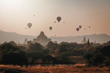 Balloon floats at Bagan Temple in Burma's Archaeological Zone in the morning.