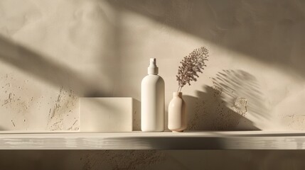 white bottle of product sitting on the shelf with some dark shadows, in the style of organic sculpting, natural beauty, henri-edmond cross, minimal retouching, sabattier effect  - Powered by Adobe